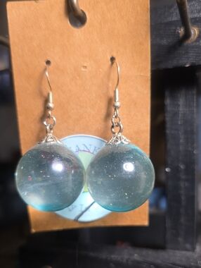 Handcrafted Teal Glass Orb Drop Earrings with Silver Hooks